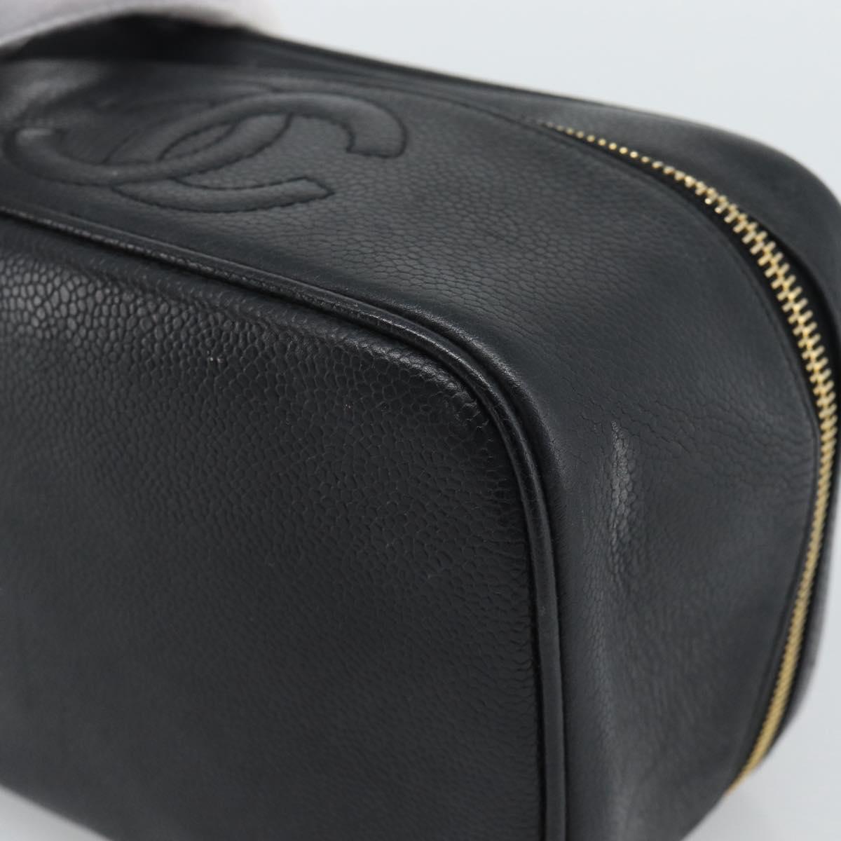 CHANEL COCO Mark Vanity Cosmetic Pouch Caviar Skin Black Gold CC Auth ar14059