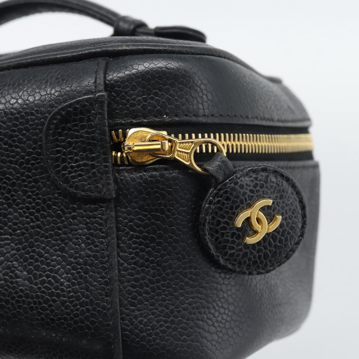 CHANEL COCO Mark Vanity Cosmetic Pouch Caviar Skin Black Gold CC Auth ar14059