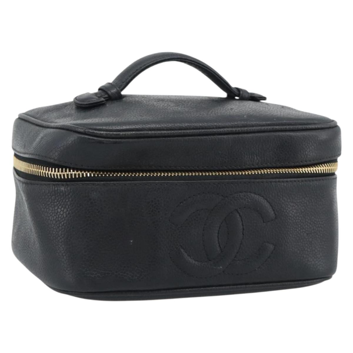 CHANEL COCO Mark Vanity Cosmetic Pouch Caviar Skin Black Gold CC Auth ar14059