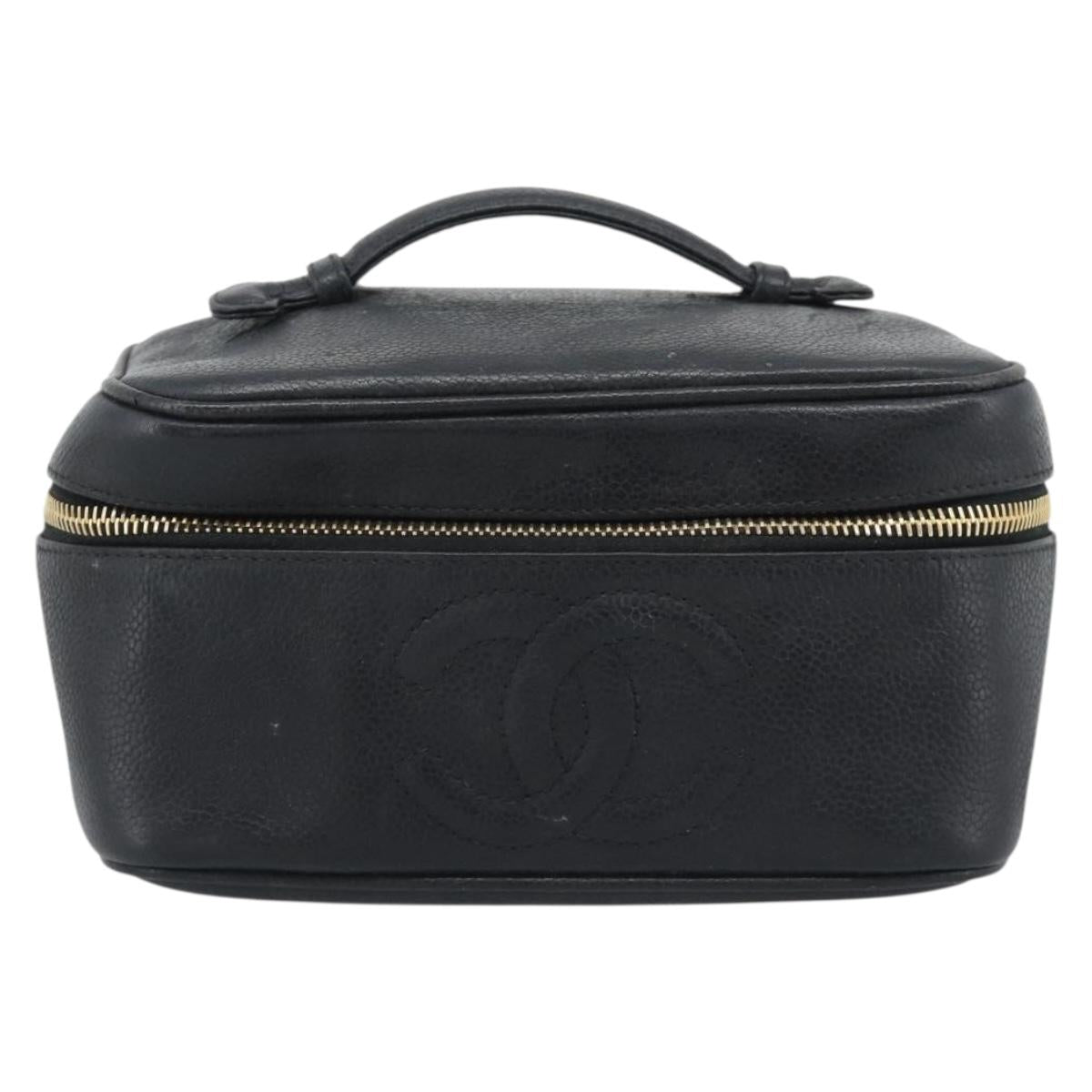 CHANEL COCO Mark Vanity Cosmetic Pouch Caviar Skin Black Gold CC Auth ar14059