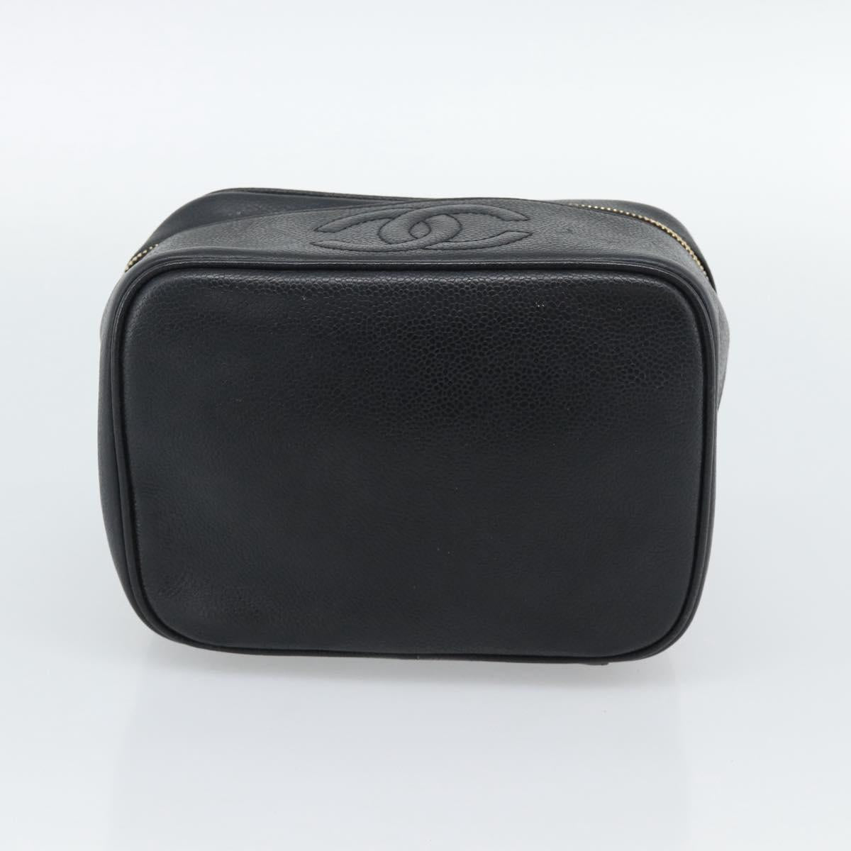 CHANEL COCO Mark Vanity Cosmetic Pouch Caviar Skin Black Gold CC Auth ar14059