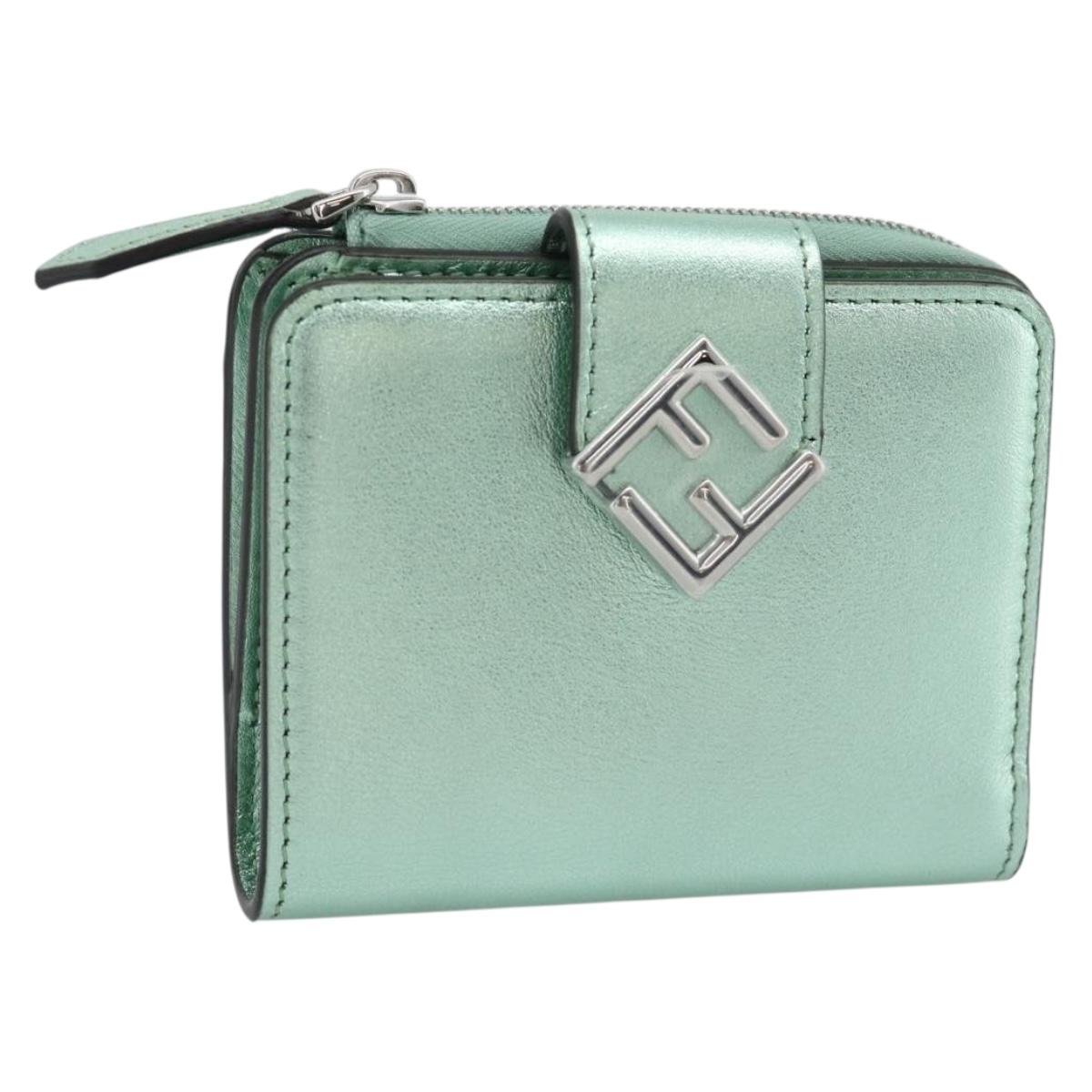 FENDI Compact Wallet Leather Green Silver 8M0490 Auth ar14064M