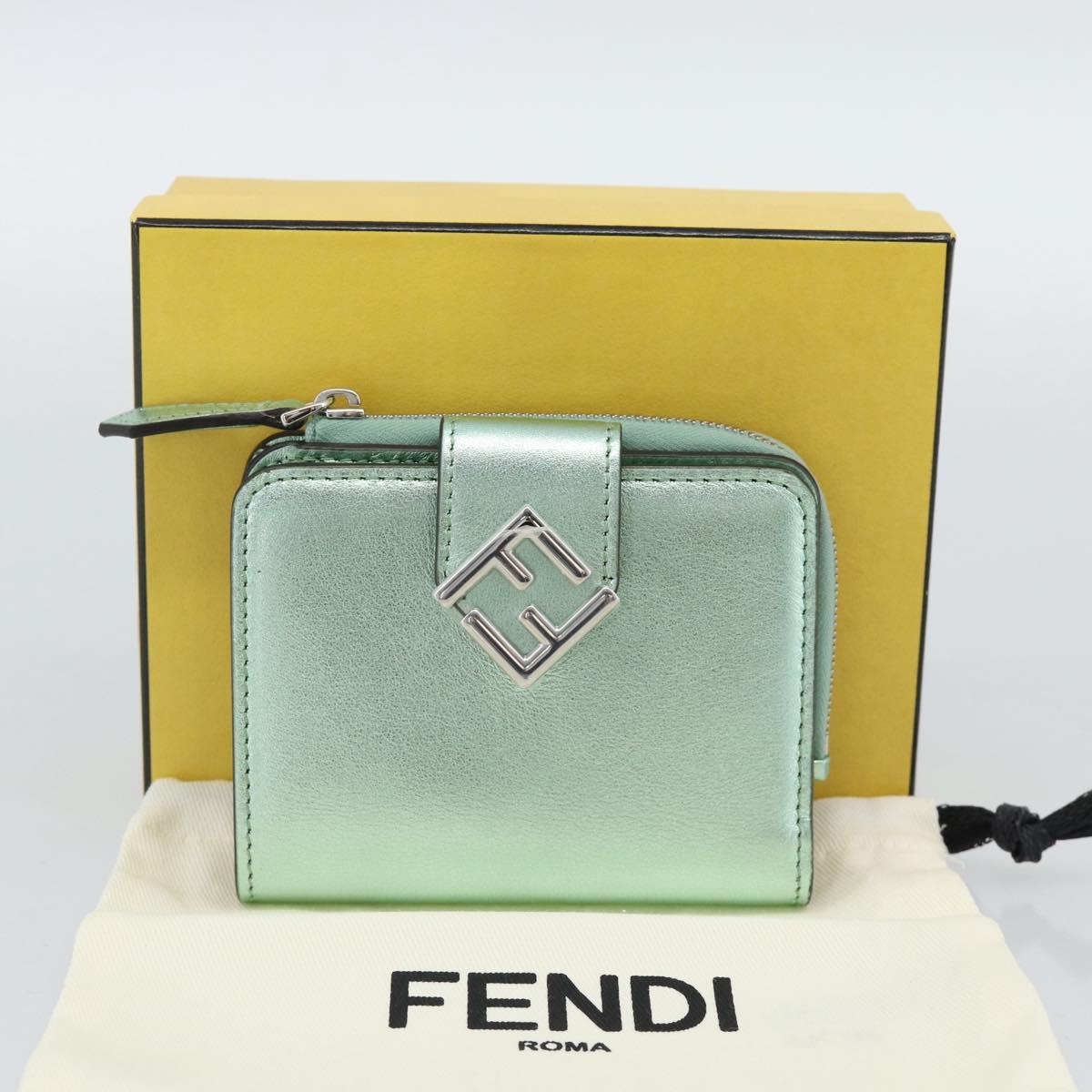 FENDI Compact Wallet Leather Green Silver 8M0490 Auth ar14064M