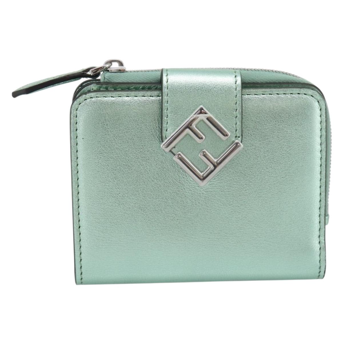 FENDI Compact Wallet Leather Green Silver 8M0490 Auth ar14064M
