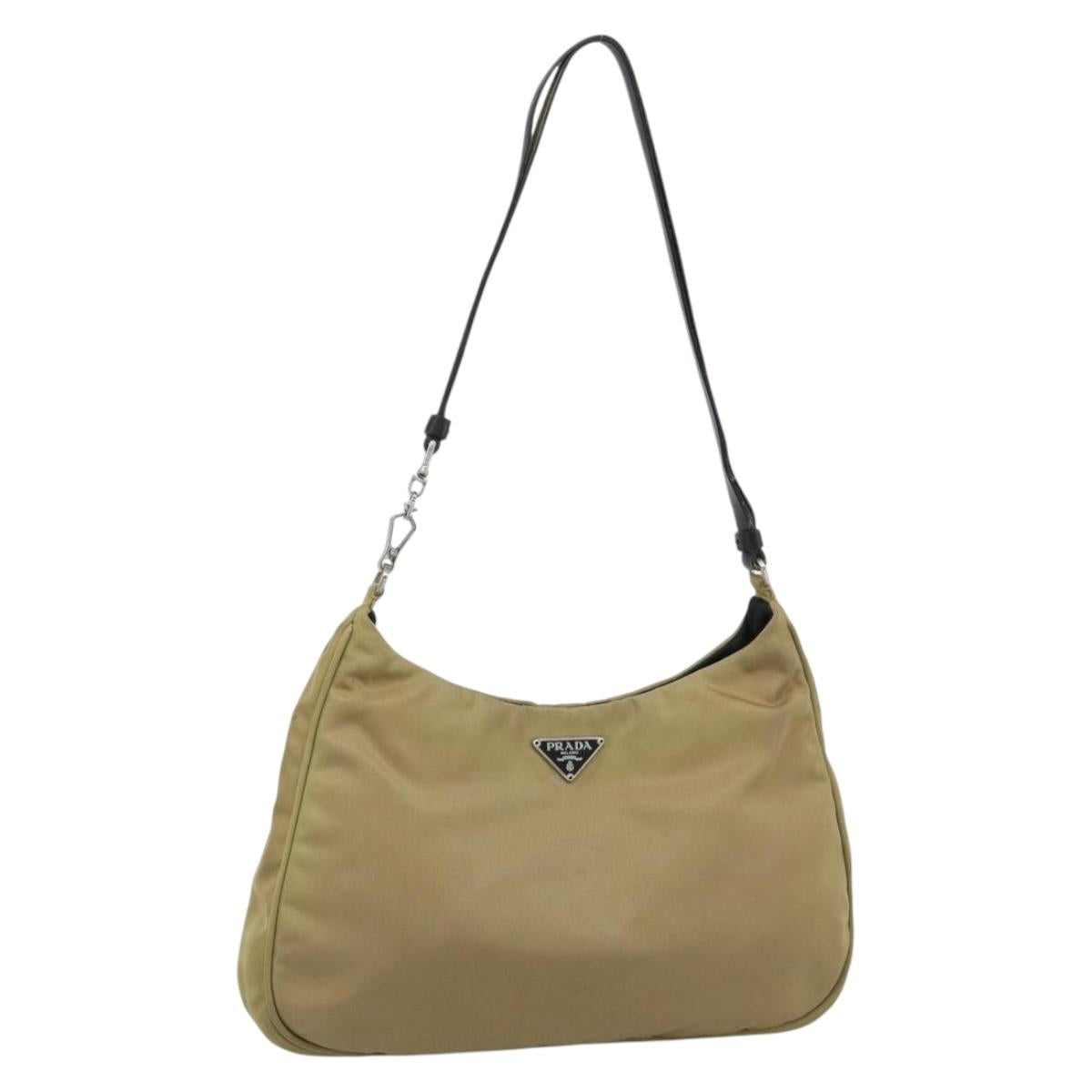 PRADA Nylon Hand Bag Beige Silver Auth ar14070