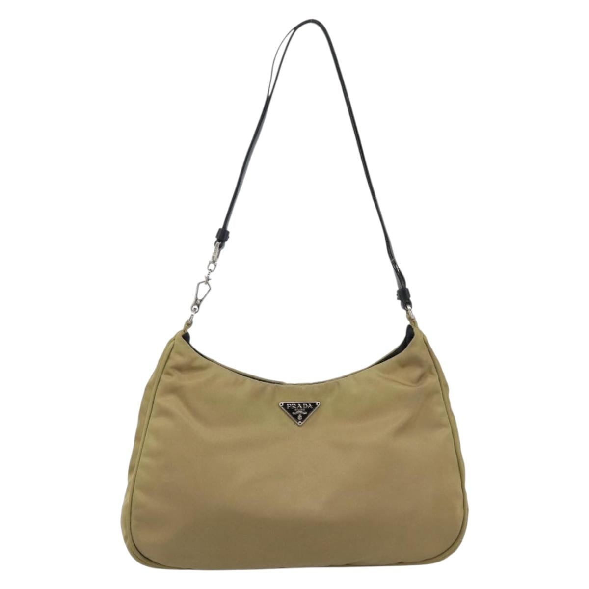 PRADA Nylon Hand Bag Beige Silver Auth ar14070