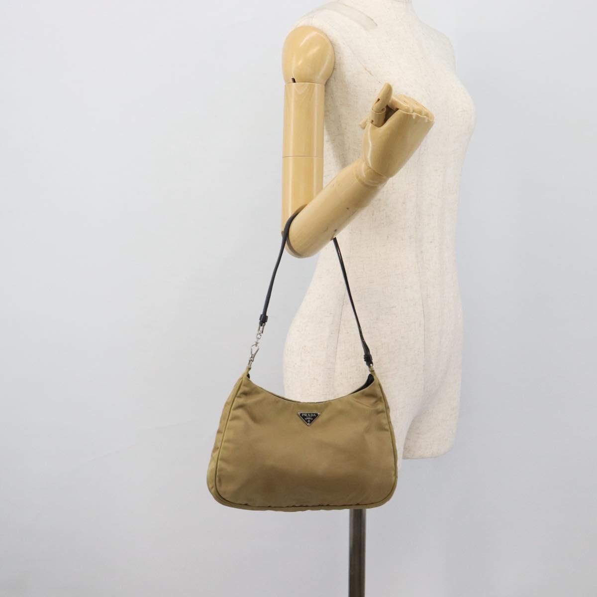 PRADA Nylon Hand Bag Beige Silver Auth ar14070