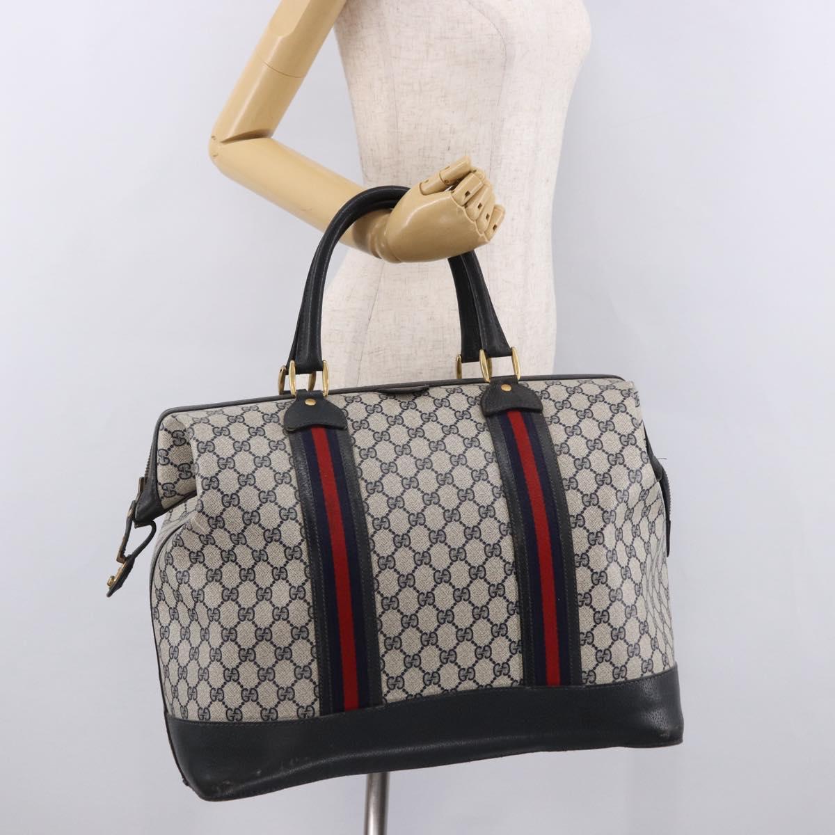 GUCCI GG Supreme Boston Bag PVC Leather Navy Gold Auth ar14078