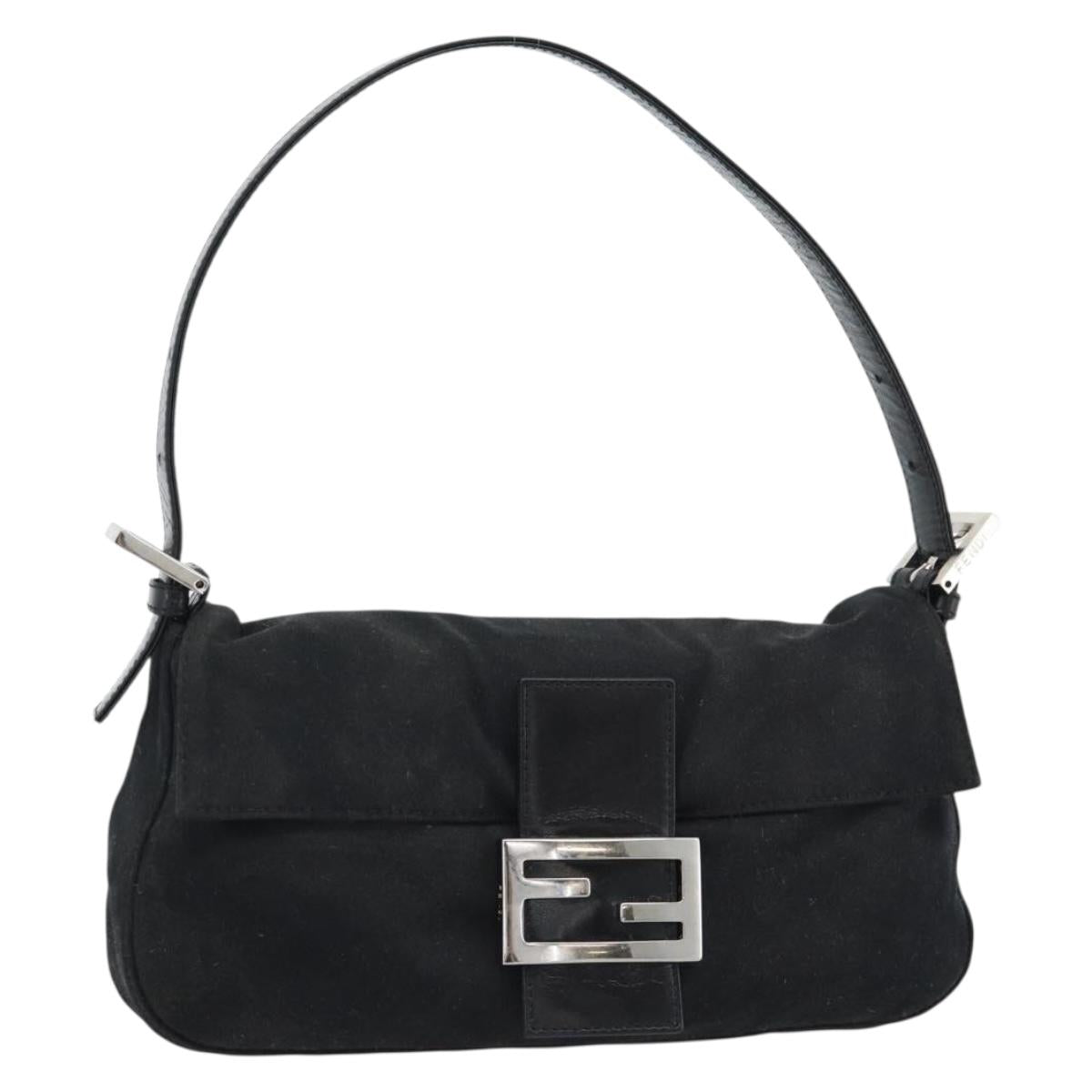 FENDI Mamma Baguette Shoulder Bag Cotton Black Silver Auth ar14086
