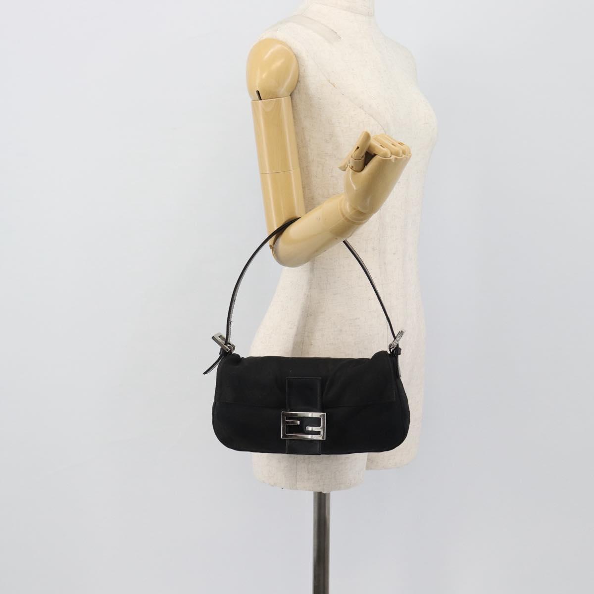 FENDI Mamma Baguette Shoulder Bag Cotton Black Silver Auth ar14086