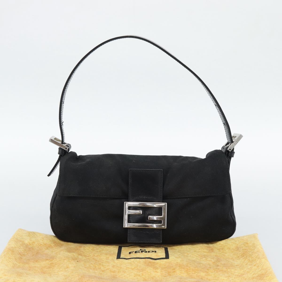 FENDI Mamma Baguette Shoulder Bag Cotton Black Silver Auth ar14086