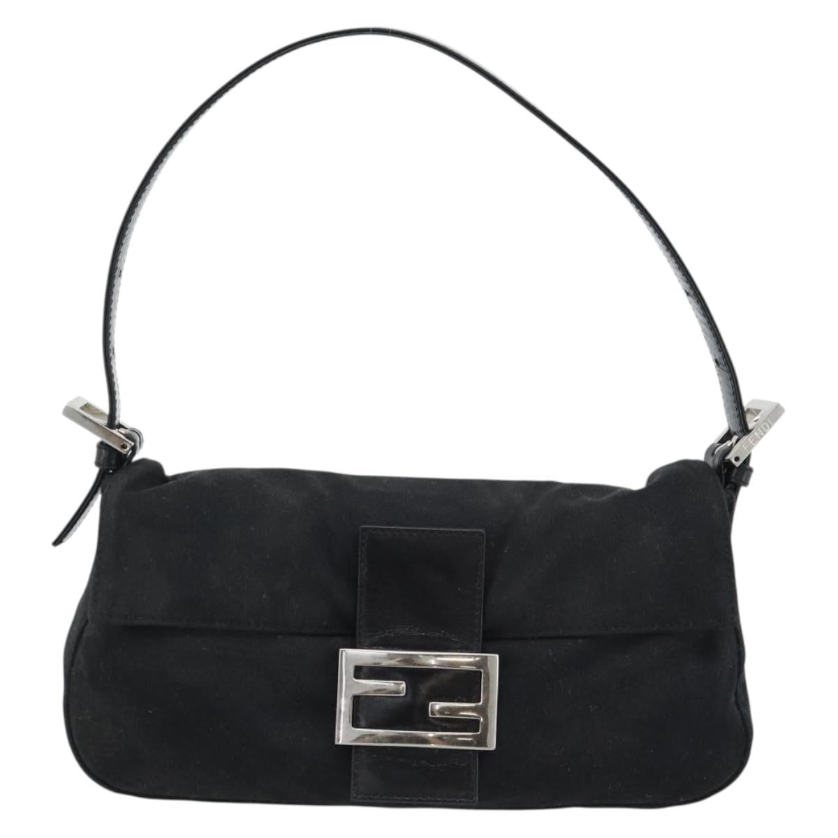 FENDI Mamma Baguette Shoulder Bag Cotton Black Silver Auth ar14086