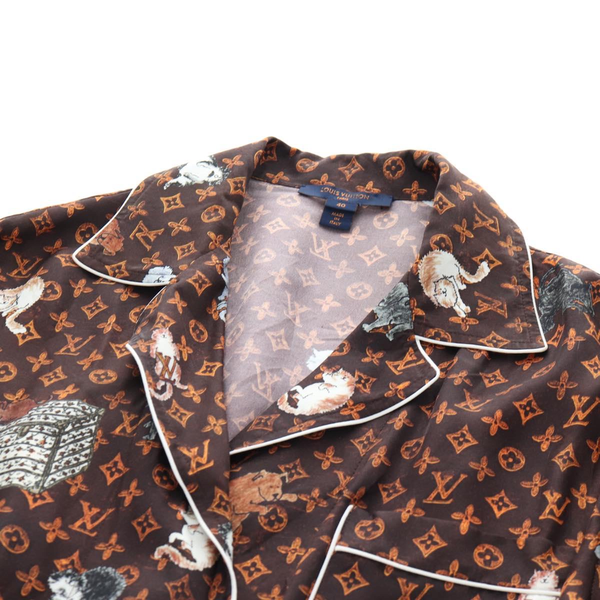 LOUIS VUITTON Catgram Long Sleeve Shirt Silk 40 Brown LV Auth ar14094