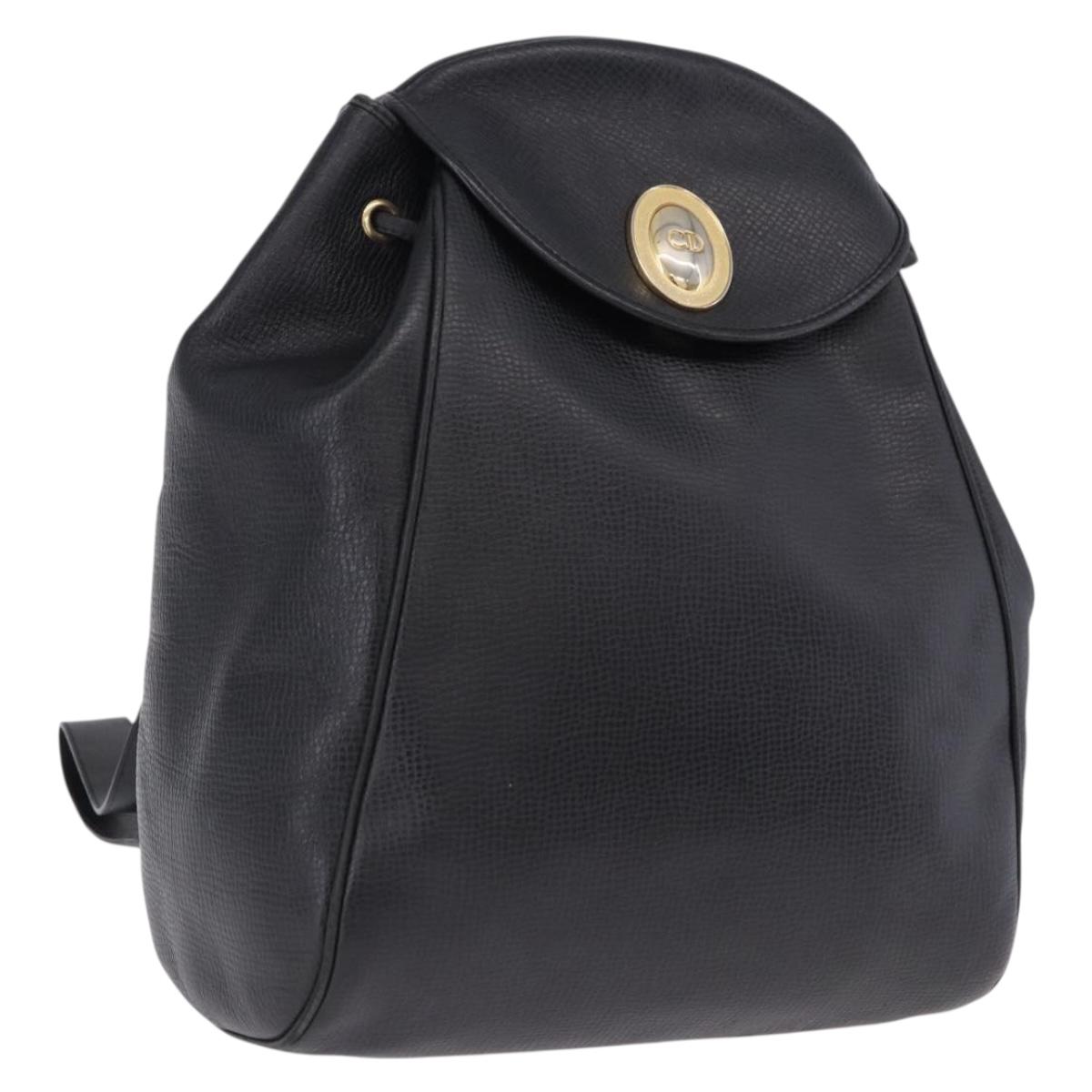 Christian Dior Backpack Leather Black Gold Tone Auth ar14096A