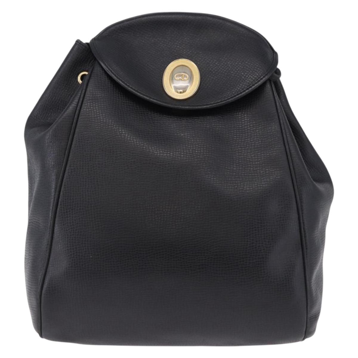 Christian Dior Backpack Leather Black Gold Tone Auth ar14096A