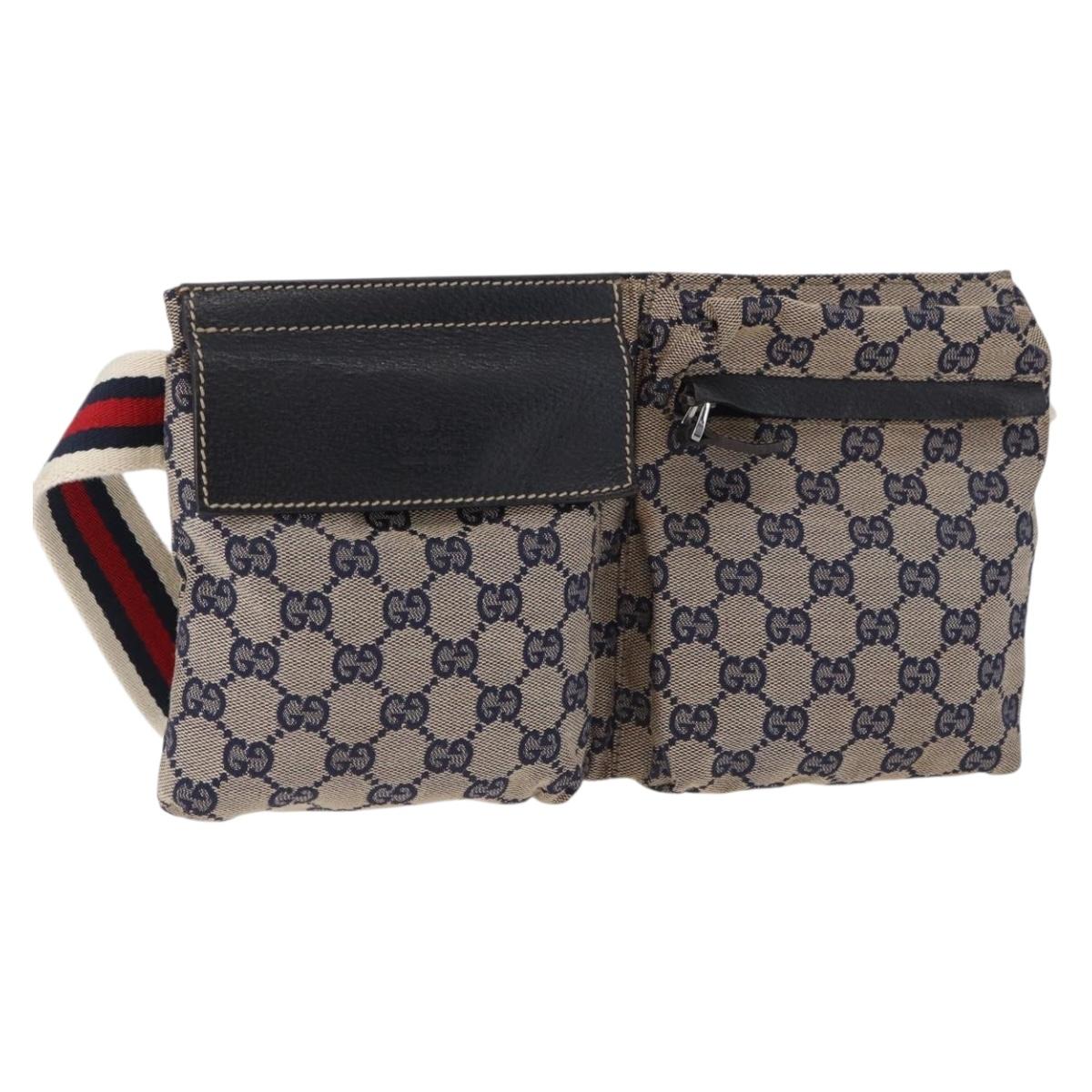 GUCCI GG Canvas Sherry Line Waist Bag Navy Silver 28566 Auth ar14112