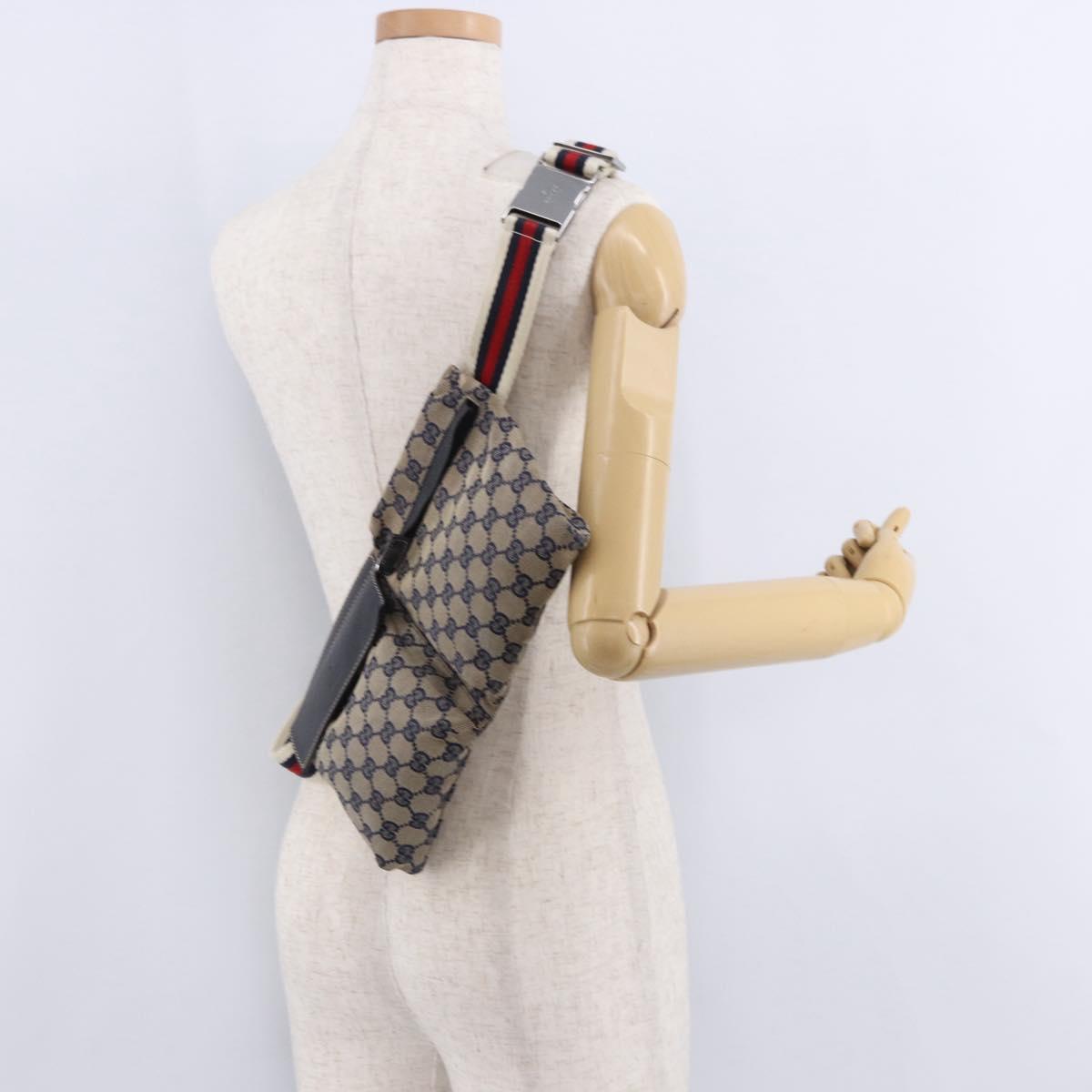 GUCCI GG Canvas Sherry Line Waist Bag Navy Silver 28566 Auth ar14112