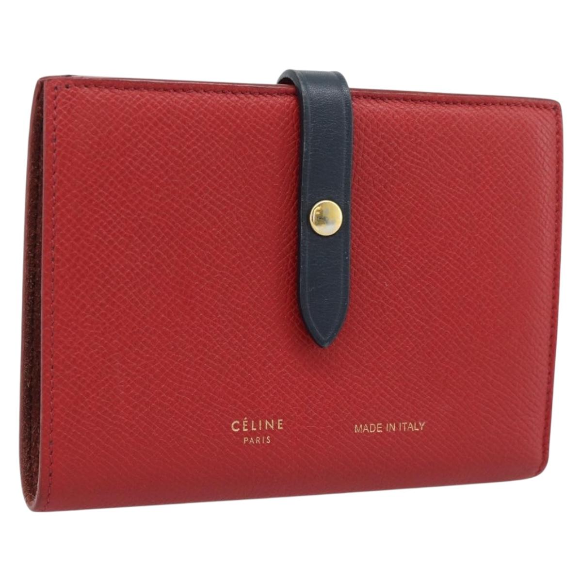 CELINE Large Strap Wallet Bifold Wallet Leather Red Gold Tone Auth ar14122A
