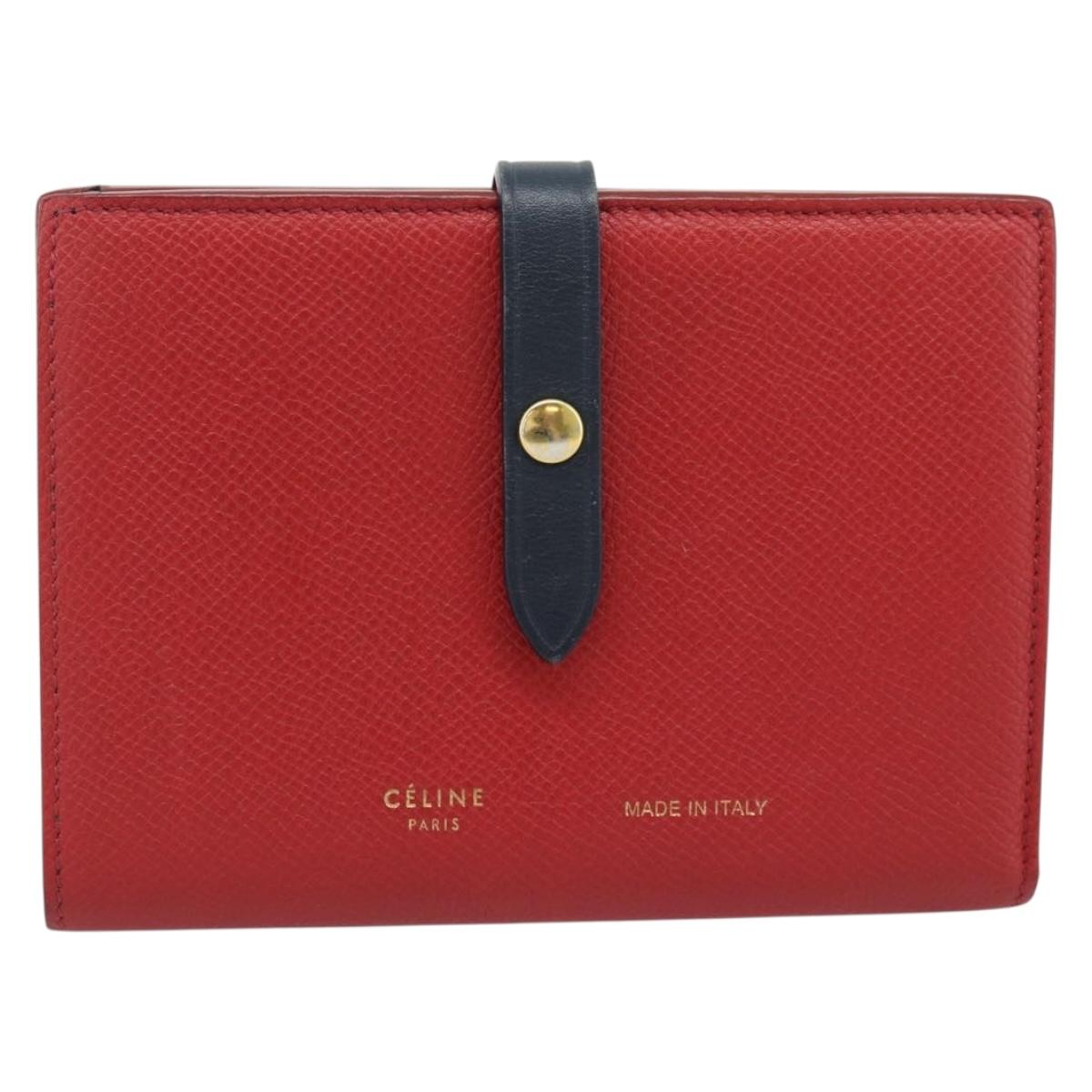 CELINE Large Strap Wallet Bifold Wallet Leather Red Gold Tone Auth ar14122A
