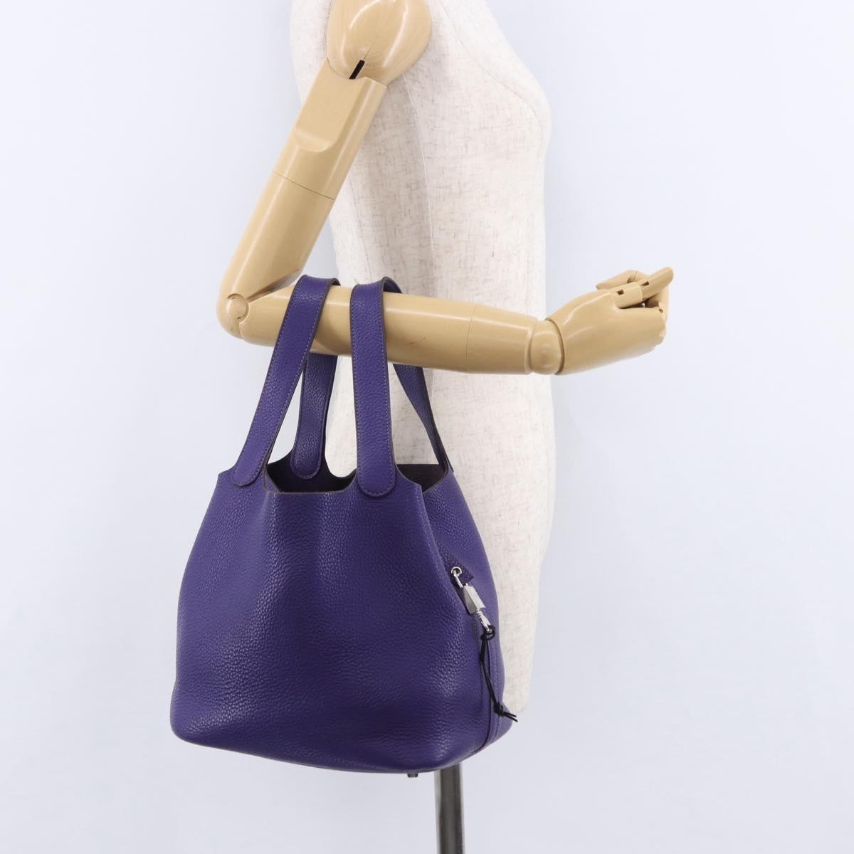 HERMES Picotan Lock MM Hand Bag Leather Purple Silver Auth ar14140SM