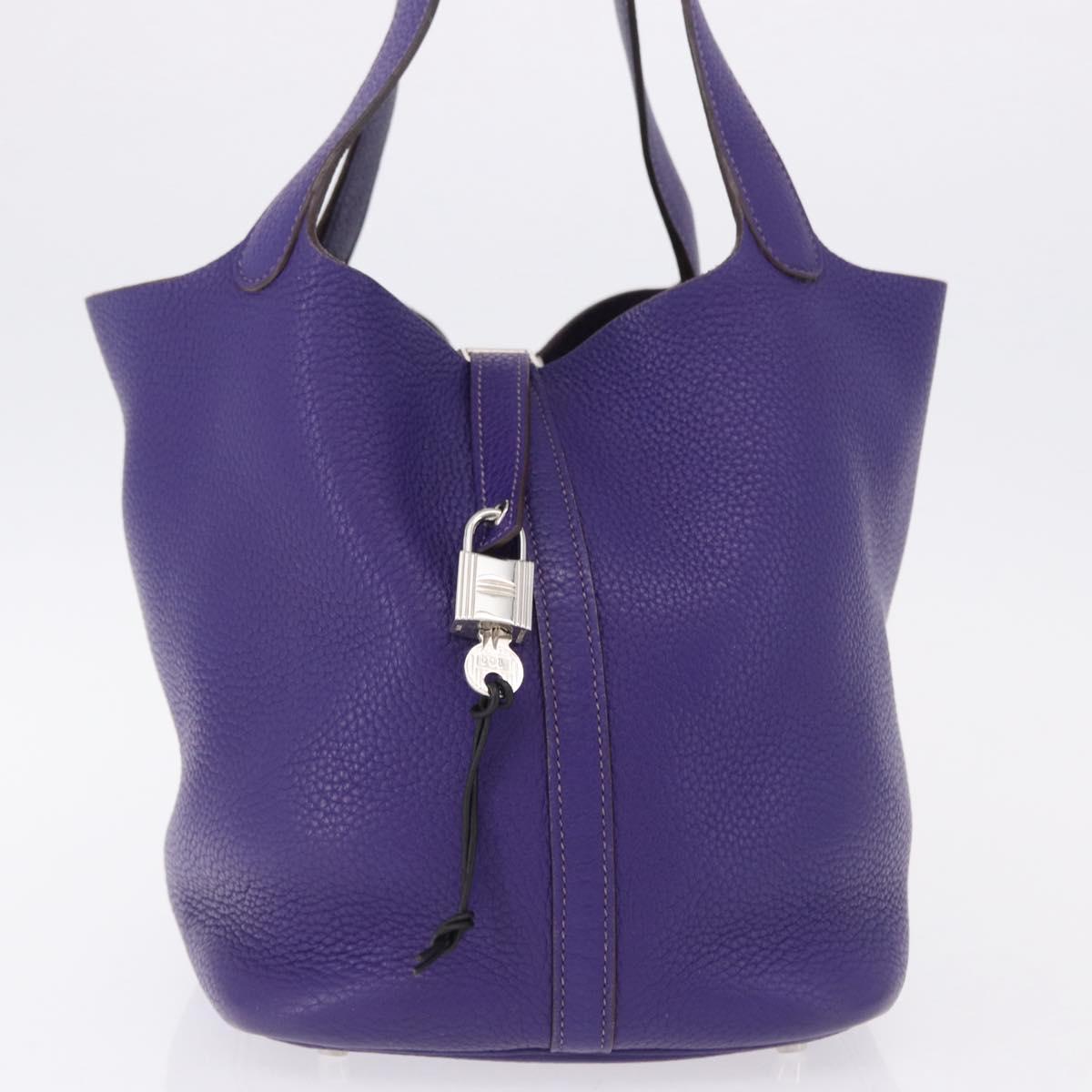 HERMES Picotan Lock MM Hand Bag Leather Purple Silver Auth ar14140SM