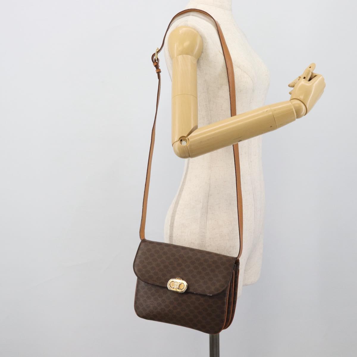 CELINE Macadam Shoulder Bag PVC Leather Brown Gold Tone Auth ar14141A