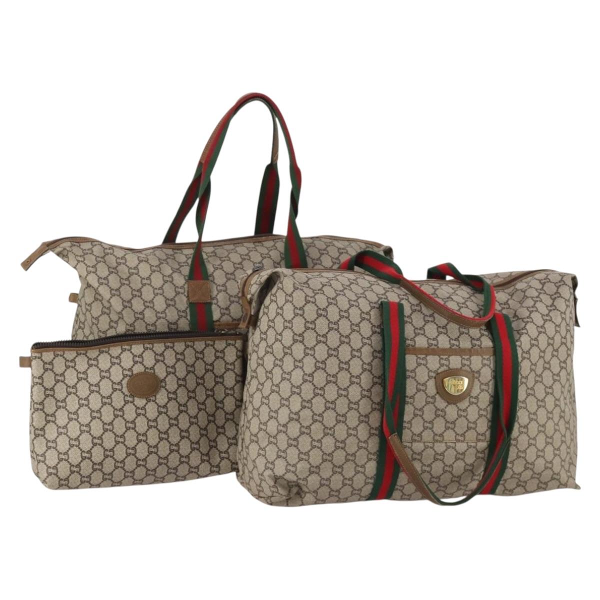 GUCCI GG Plus Supreme Web Sherry Line Hand Bag PVC 3 Set Beige Auth ar14151