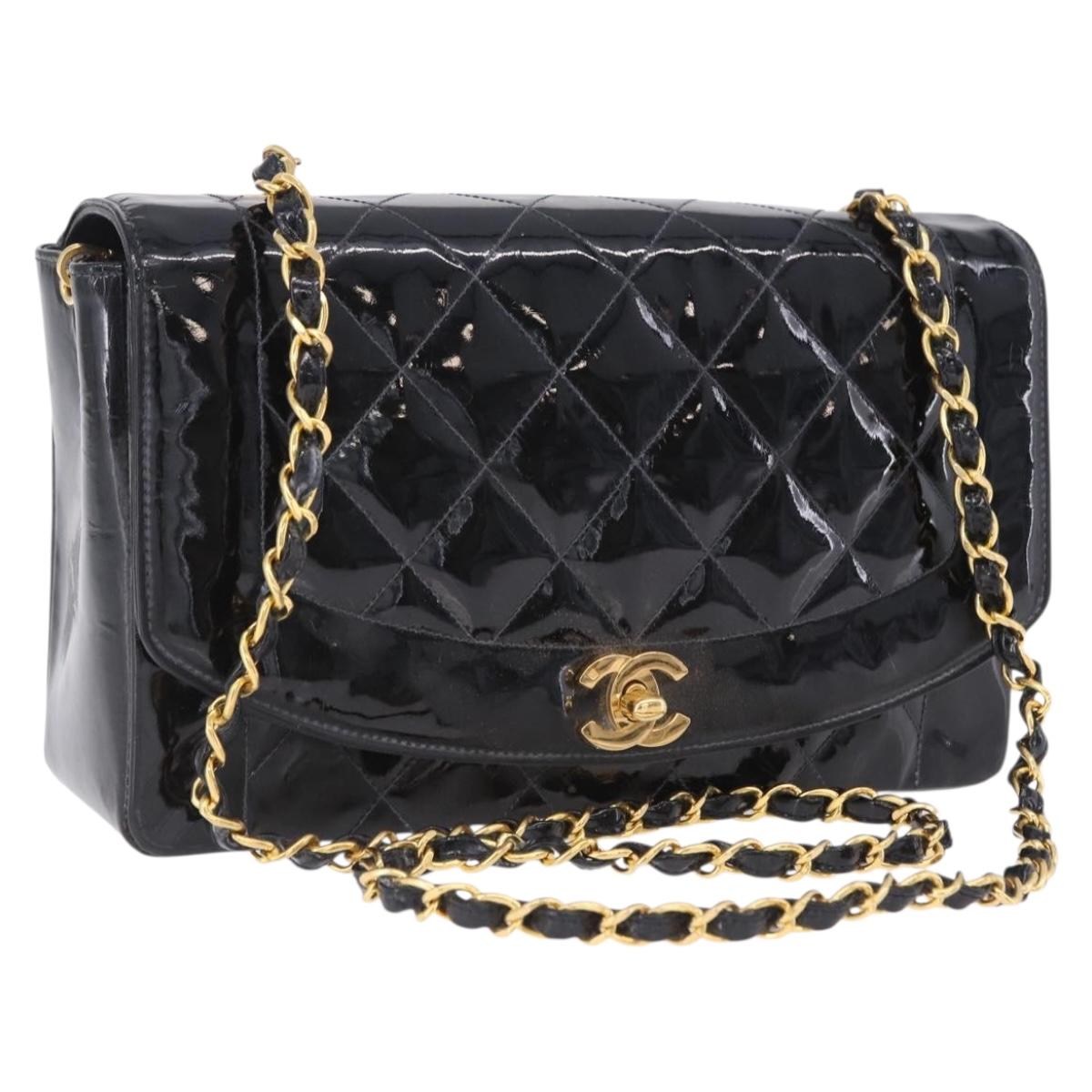 CHANEL Diana Chain Shoulder Bag Patent Black Gold Tone CC Auth ar14163A