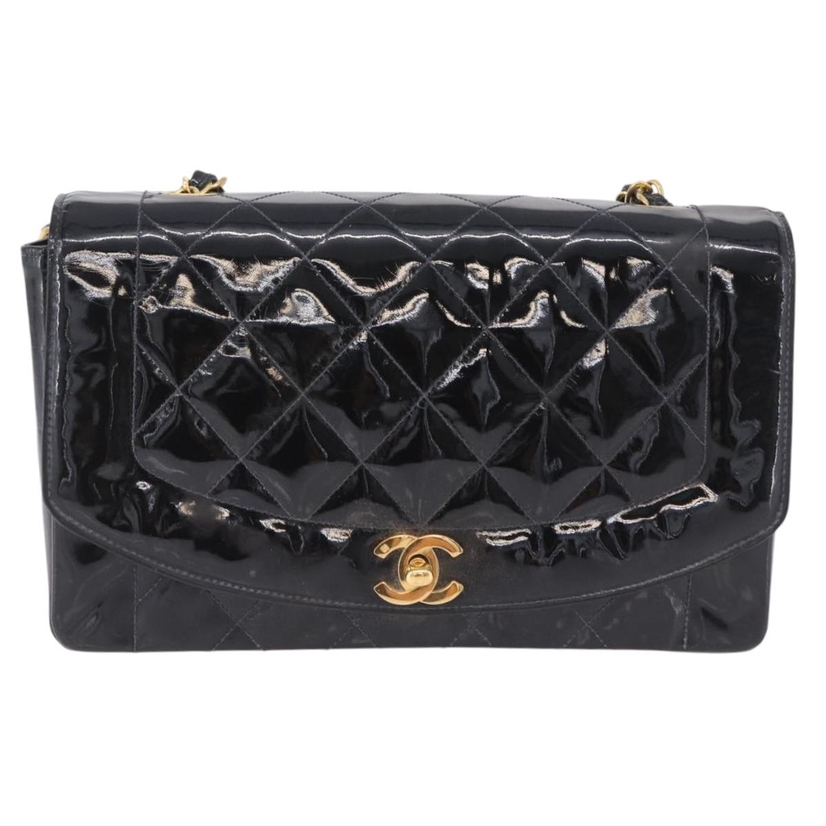 CHANEL Diana Chain Shoulder Bag Patent Black Gold Tone CC Auth ar14163A