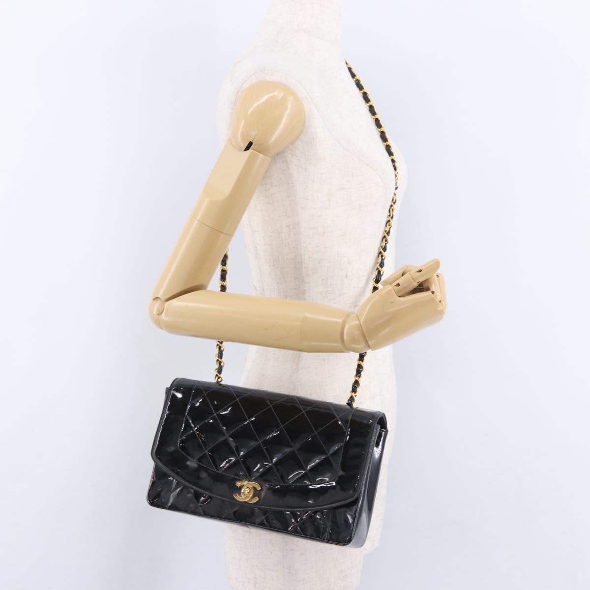 CHANEL Diana Chain Shoulder Bag Patent Black Gold Tone CC Auth ar14163A
