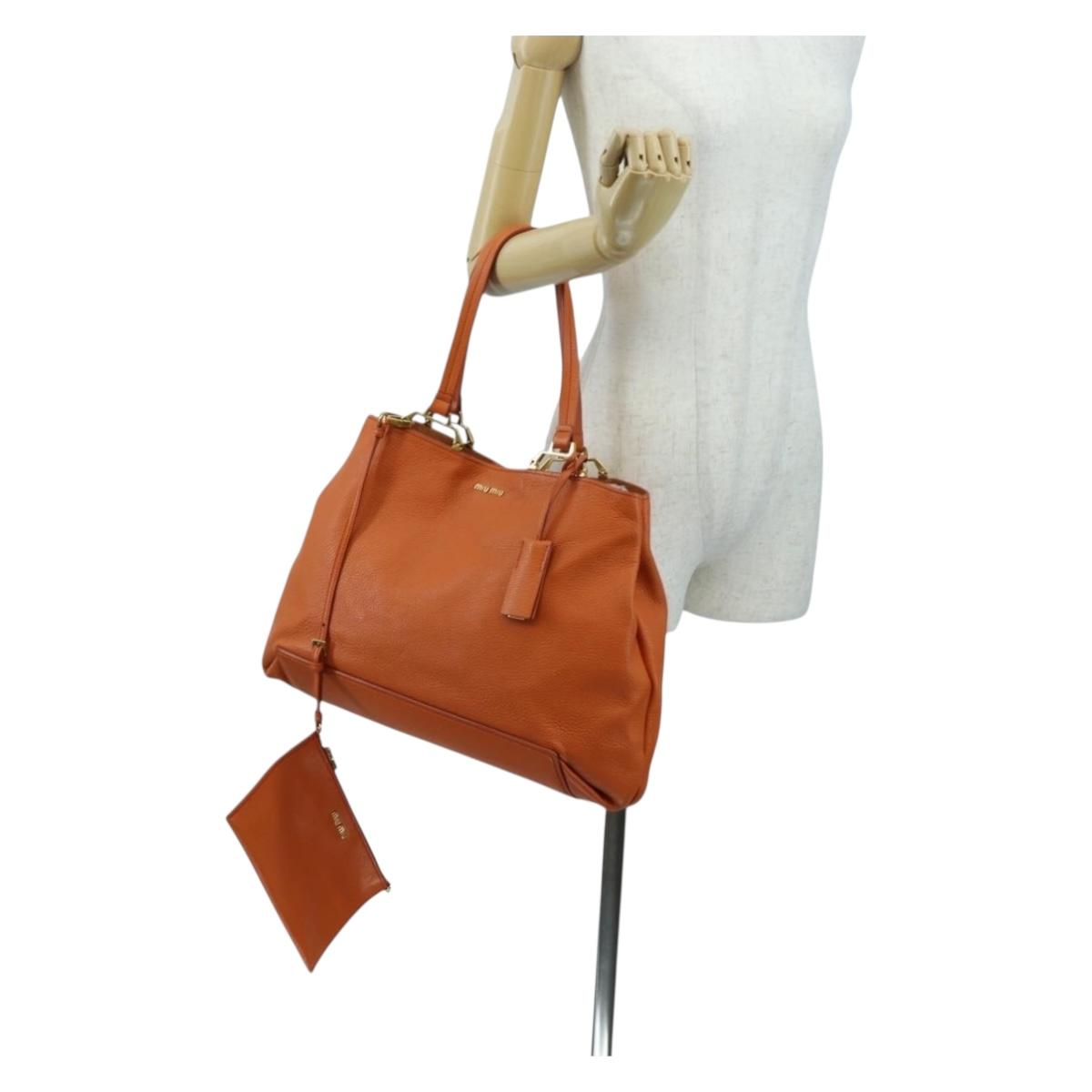 Miu Miu Tote Bag Leather Orange Gold Tone Auth ar14165V