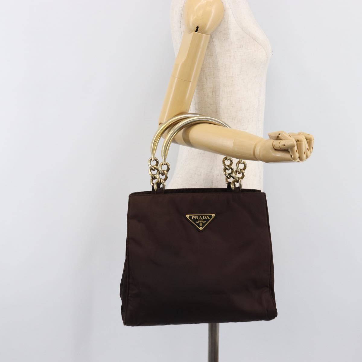PRADA Hand Bag Nylon Brown Gold Tone Auth ar14174
