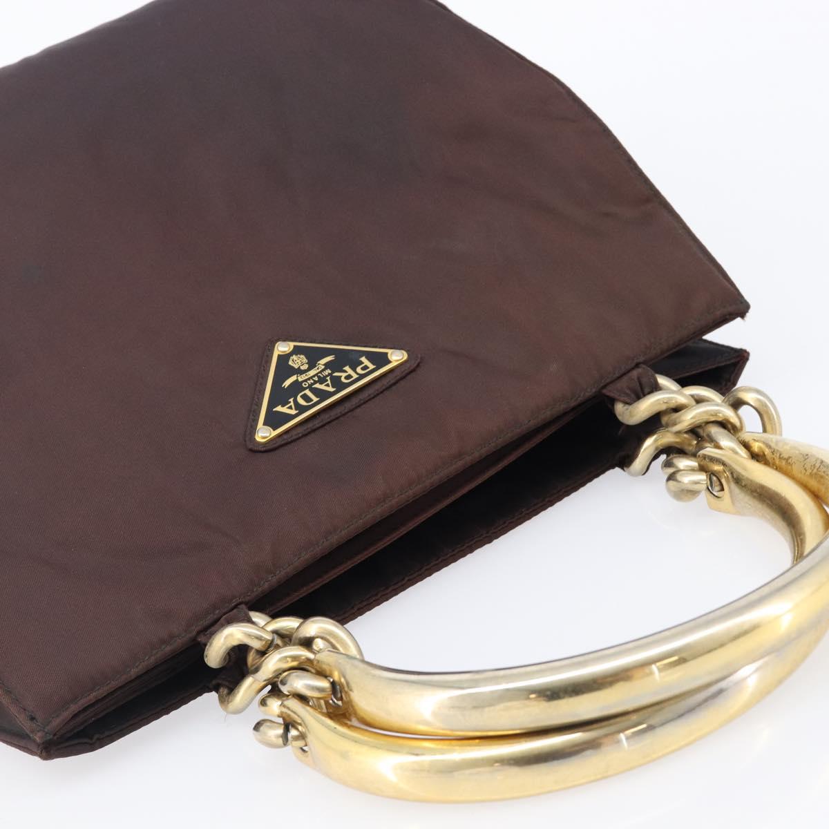 PRADA Hand Bag Nylon Brown Gold Tone Auth ar14174