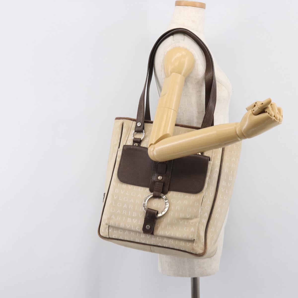 BVLGARI Tote Bag Canvas Beige Silver Auth ar14179