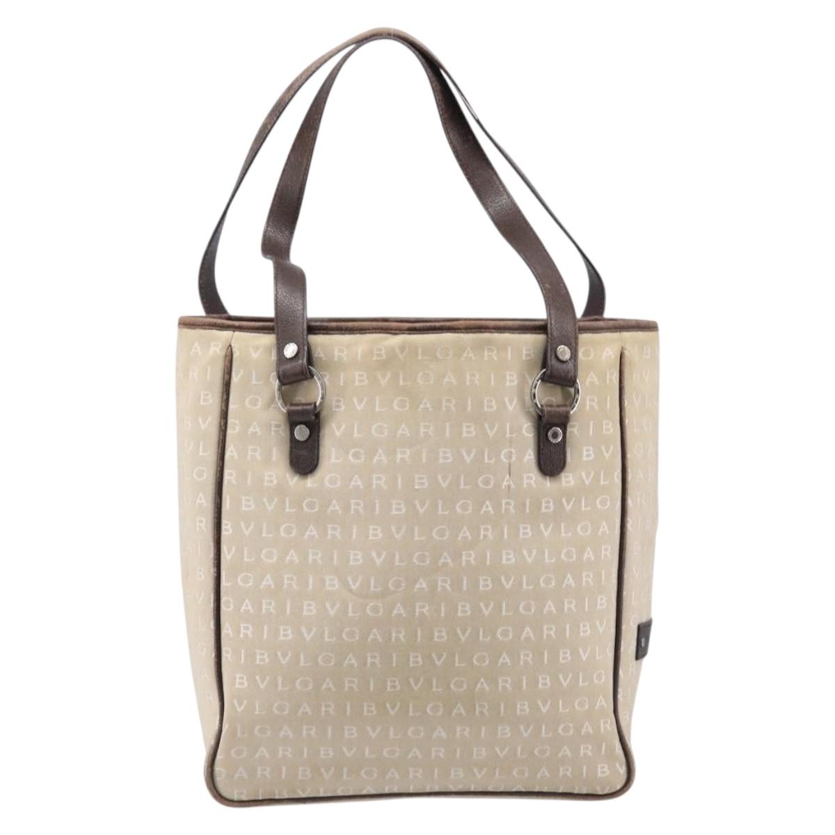 BVLGARI Tote Bag Canvas Beige Silver Auth ar14179