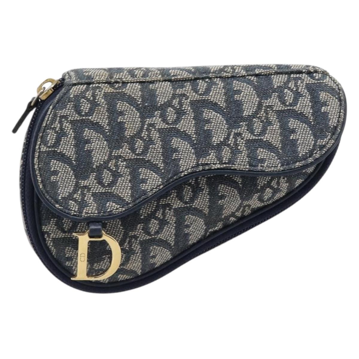 Christian Dior Trotter Canvas Saddle Pouch Navy Gold Tone Auth ar14184