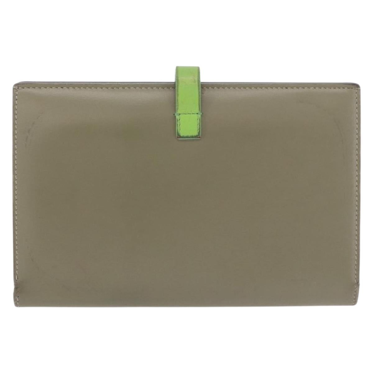 CELINE Bifold Wallet Leather Beige Green Auth ar14185