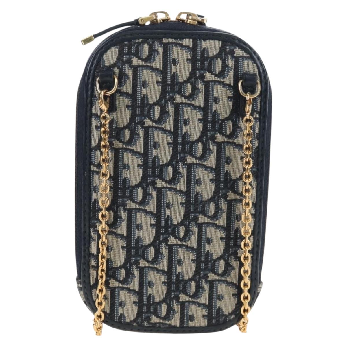 Christian Dior Oblique Jacquard Phone Shoulder Pouch Navy Gold Auth ar14186V