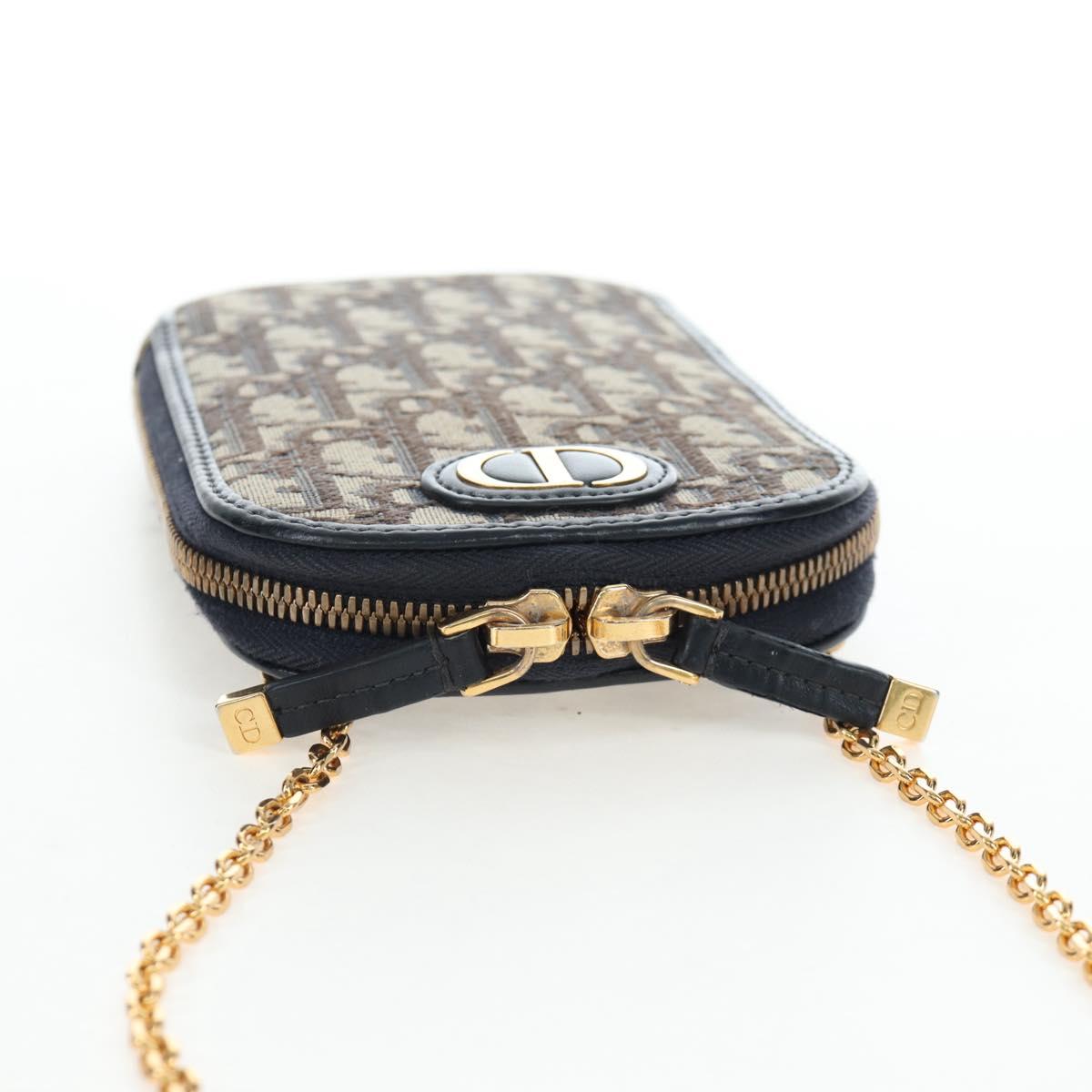 Christian Dior Oblique Jacquard Phone Shoulder Pouch Navy Gold Auth ar14186V