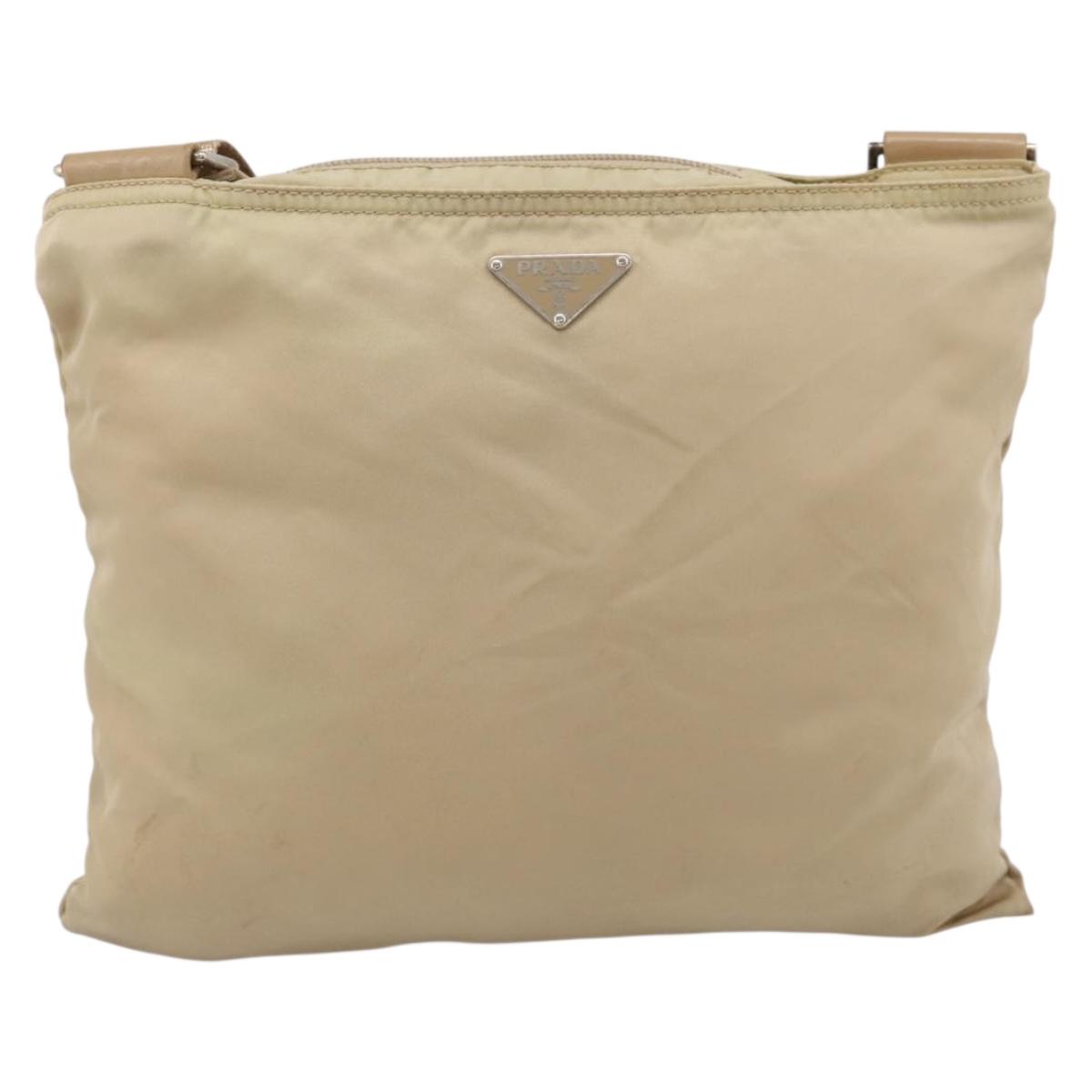 PRADA Shoulder Bag Nylon Beige Silver Auth ar14195