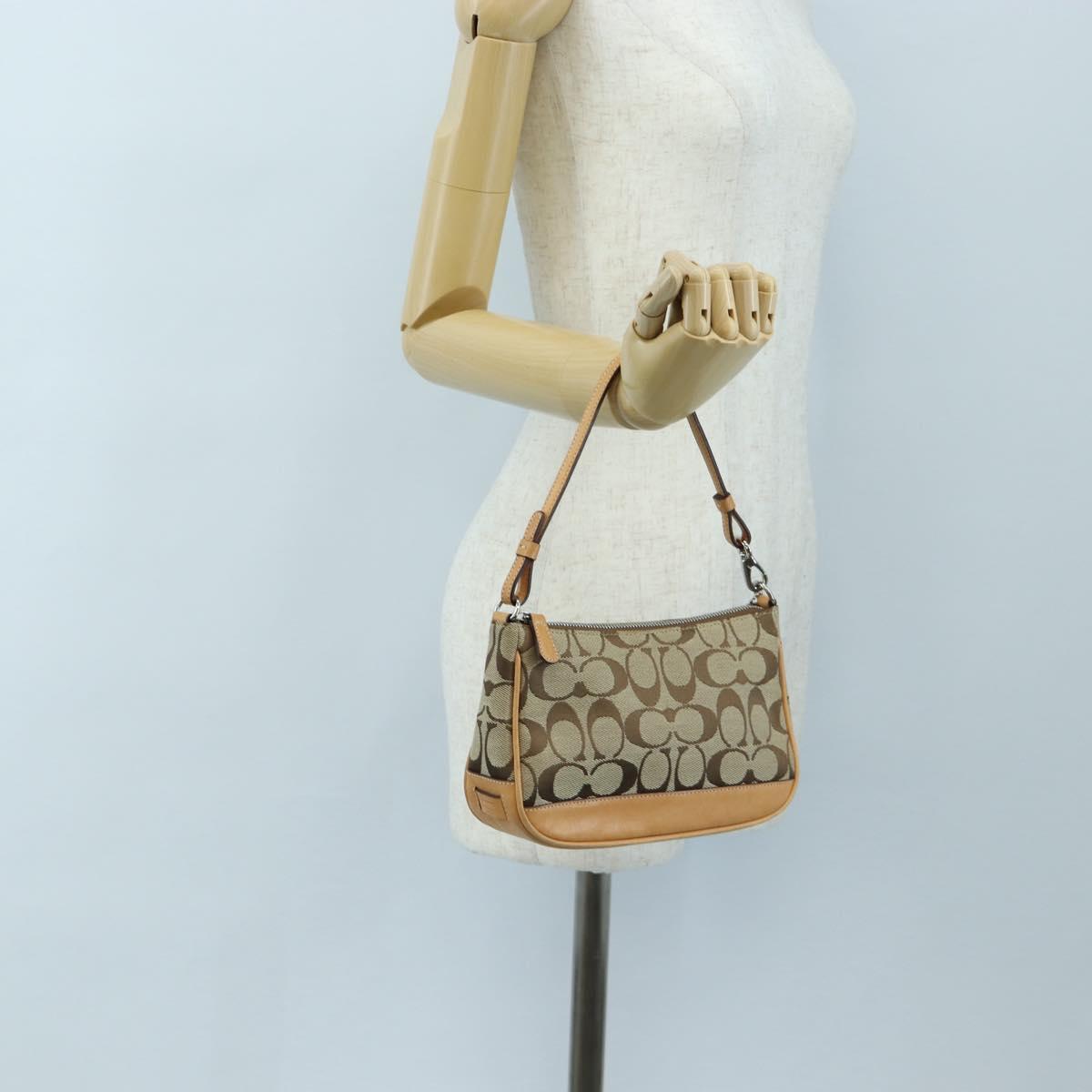 Coach Signature Hand Bag Canvas Beige Silver Auth ar14259A