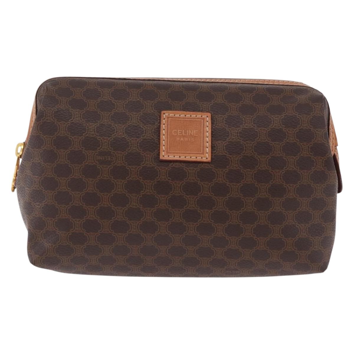 CELINE Macadam Pouch PVC Leather Brown Gold Tone Auth ar14260A