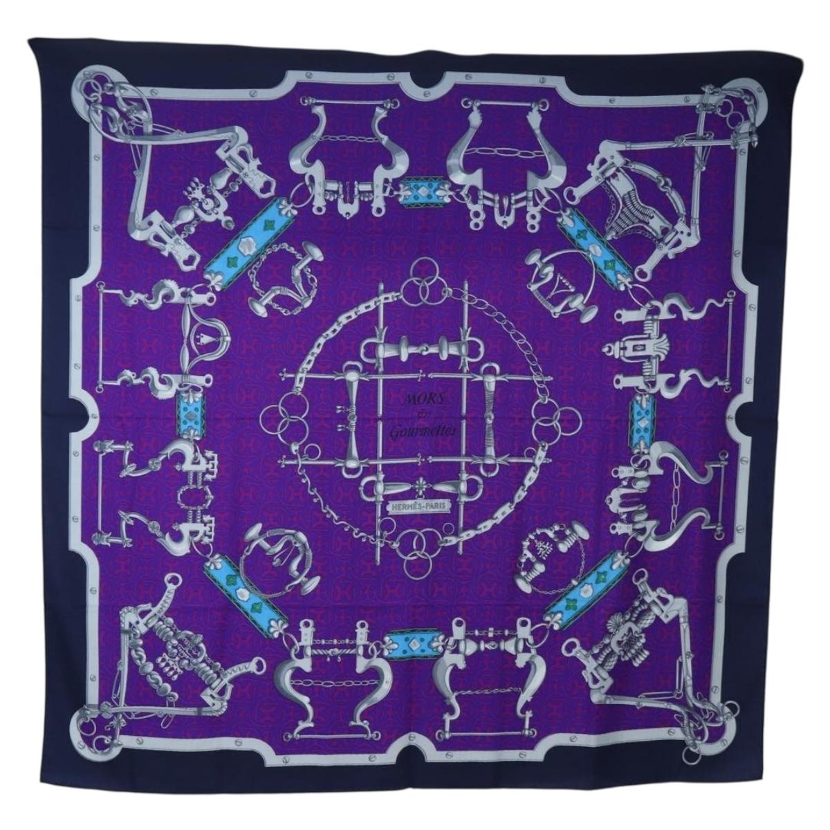 HERMES Carre 140 Scarf Cashmere Navy Purple Auth ar14266M