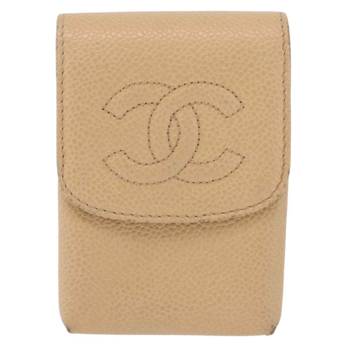 CHANEL Cigarette Case Caviar Skin Cream Gold CC Auth ar14283