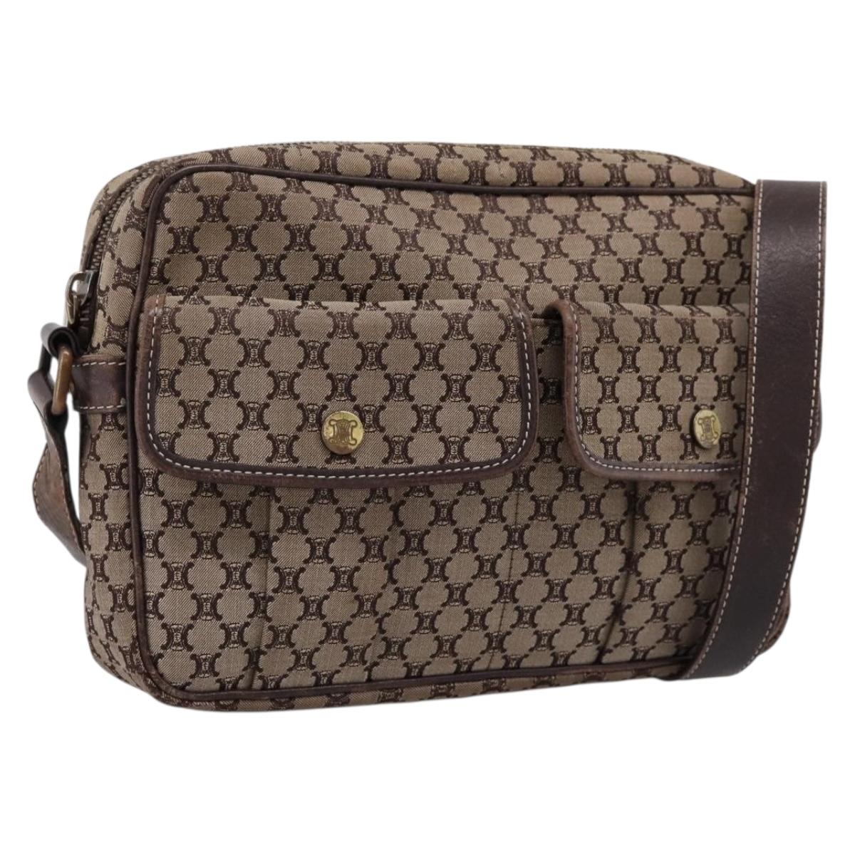 CELINE Macadam Canvas Shoulder Bag Beige Gold Auth ar14284