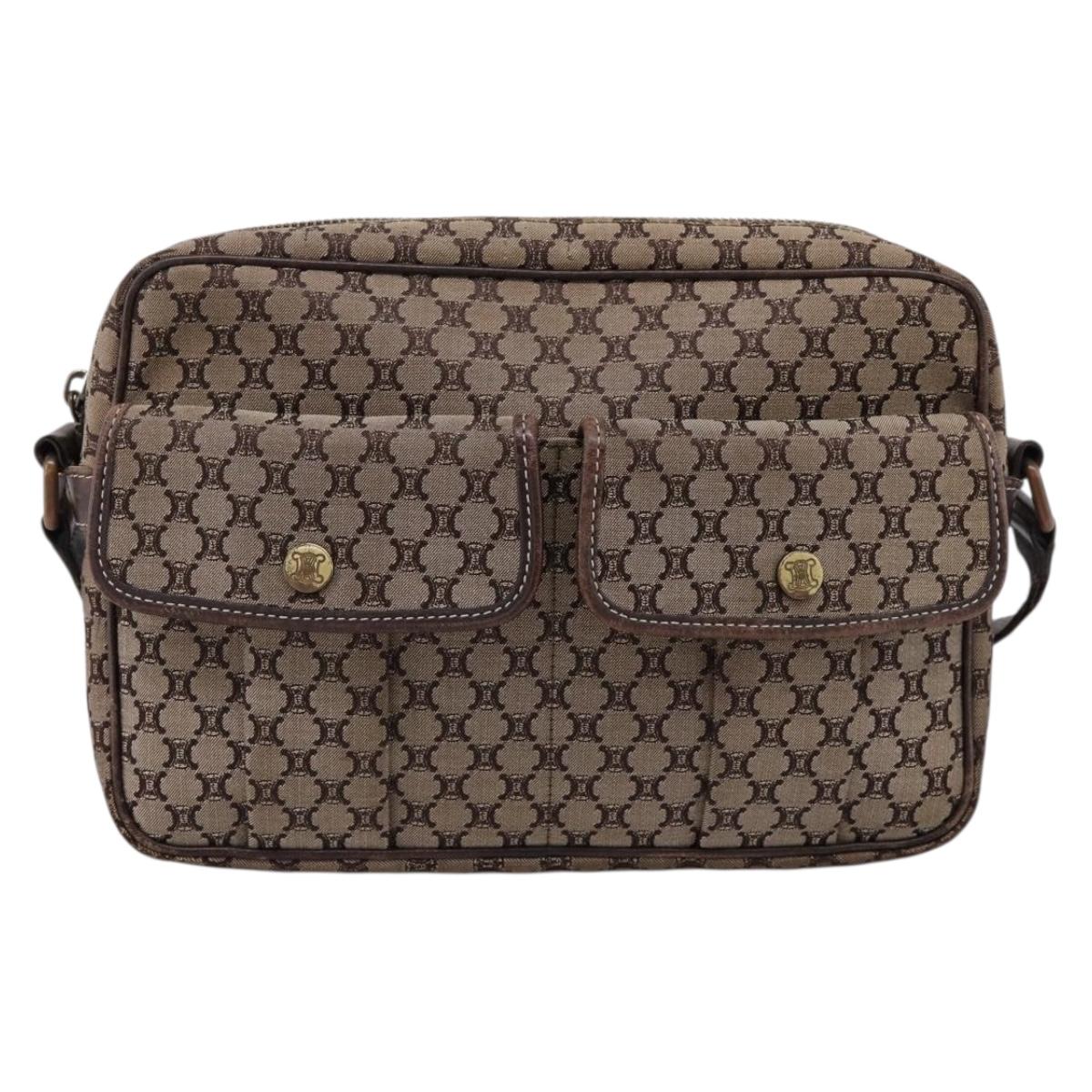CELINE Macadam Canvas Shoulder Bag Beige Gold Auth ar14284