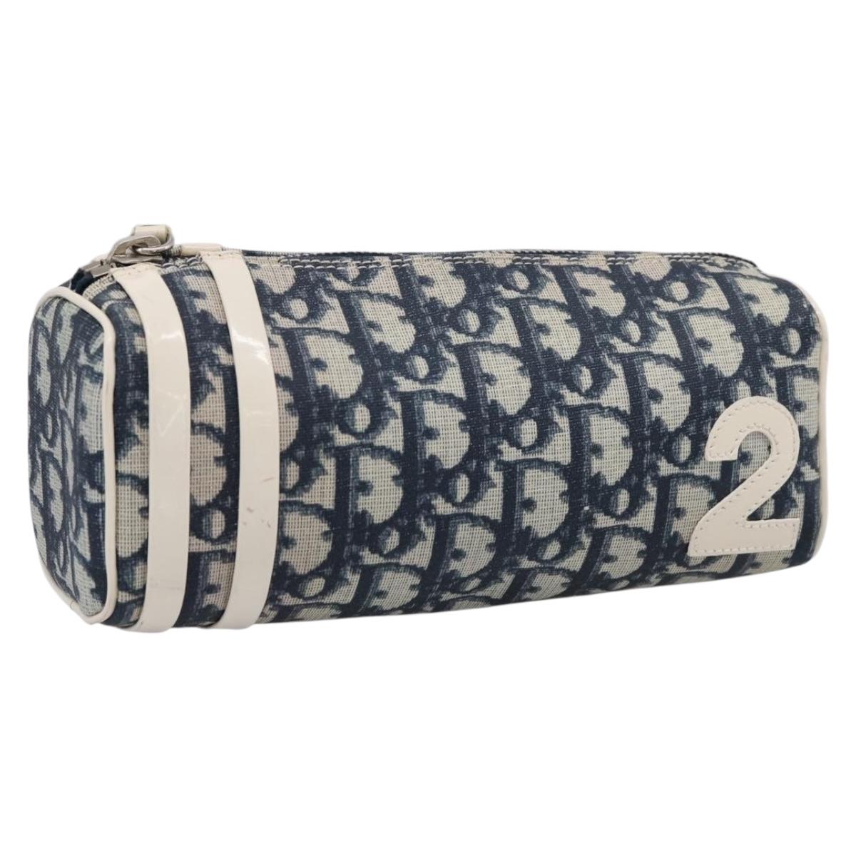 Christian Dior Trotter Canvas Pouch PVC Navy Silver Auth ar14358A