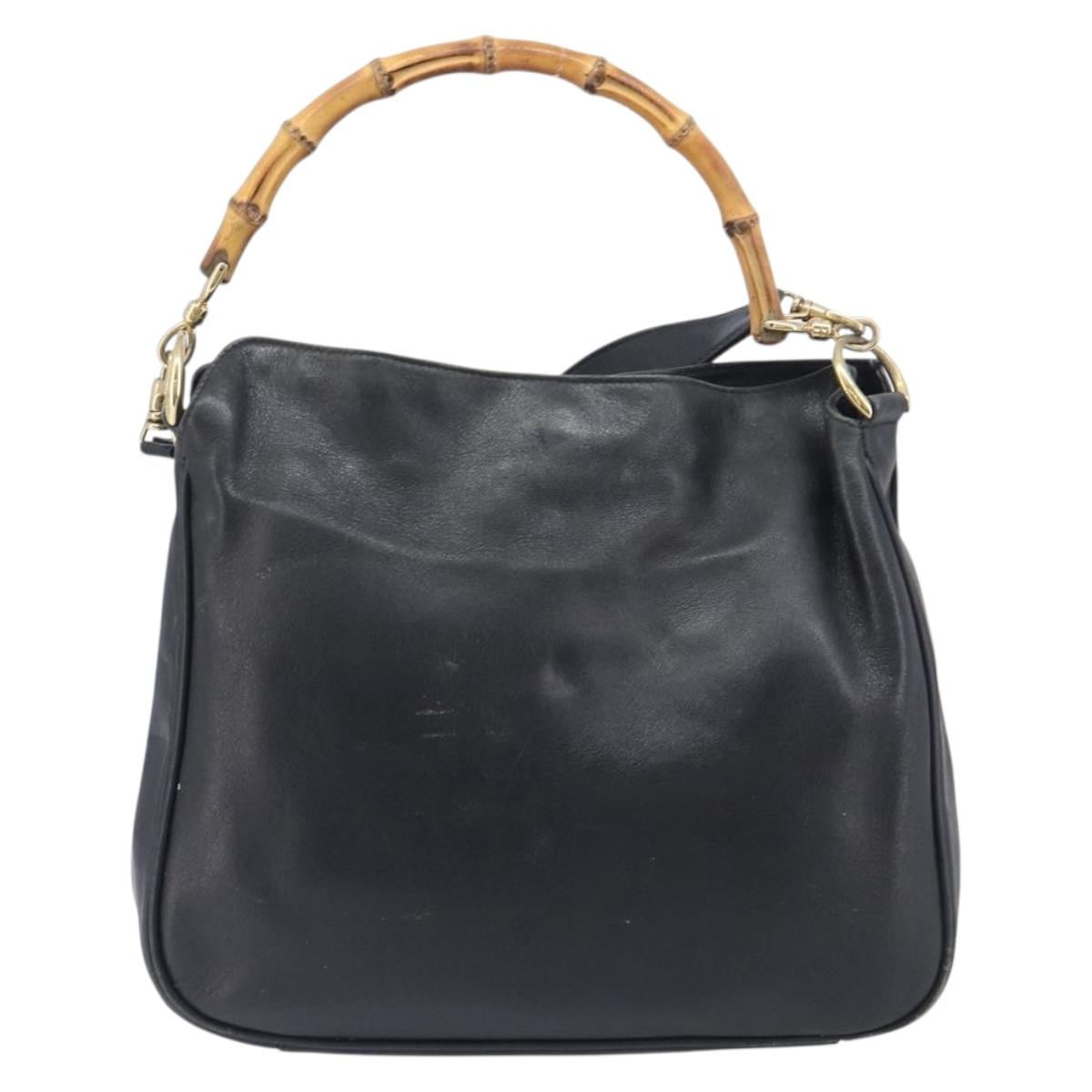 GUCCI Bamboo Hand Bag Leather 2way Black Gold 001 2113 1638 Auth ar14383