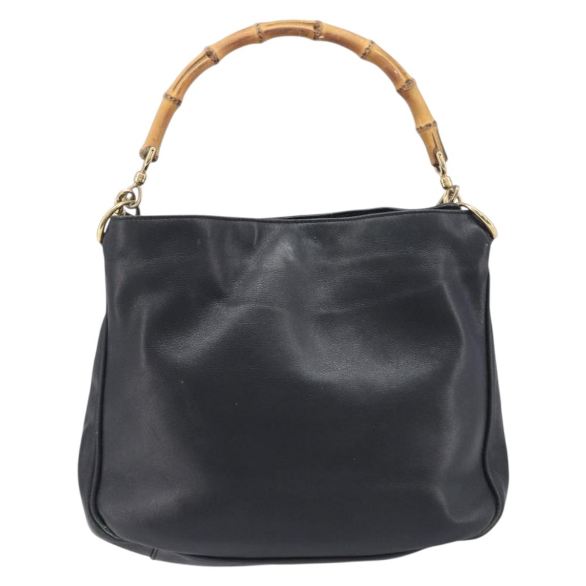 GUCCI Bamboo Hand Bag Leather 2way Black Gold 001 2113 1638 Auth ar14383
