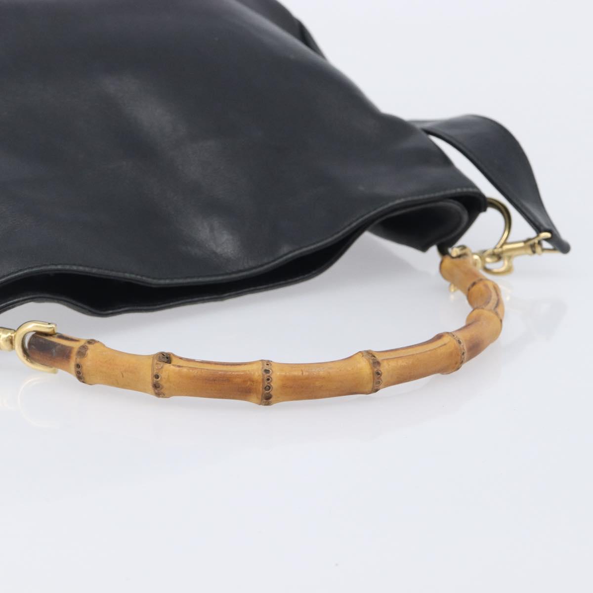 GUCCI Bamboo Hand Bag Leather 2way Black Gold 001 2113 1638 Auth ar14383